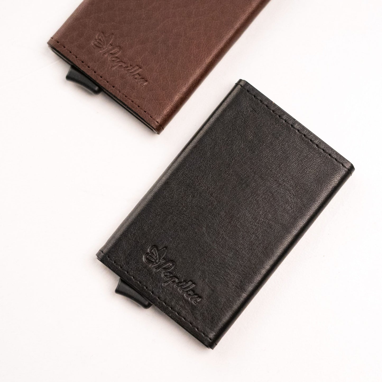 Papillon aluminum leather card holder in black and brown with sleek, minimalist design