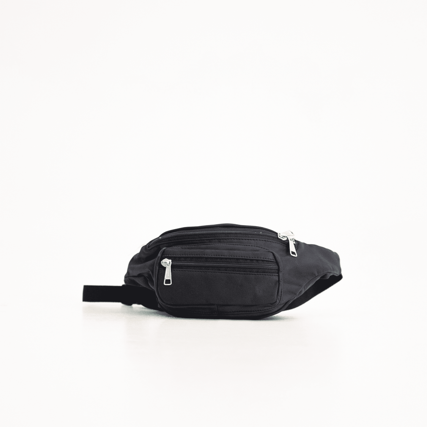 Papillon black leather bum bag with multiple zipper pockets and adjustable strap