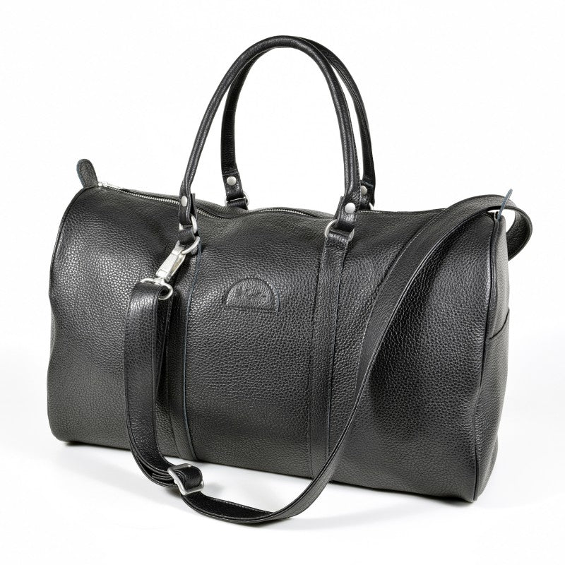 Papillon black leather travel bag with top handles and adjustable shoulder strap