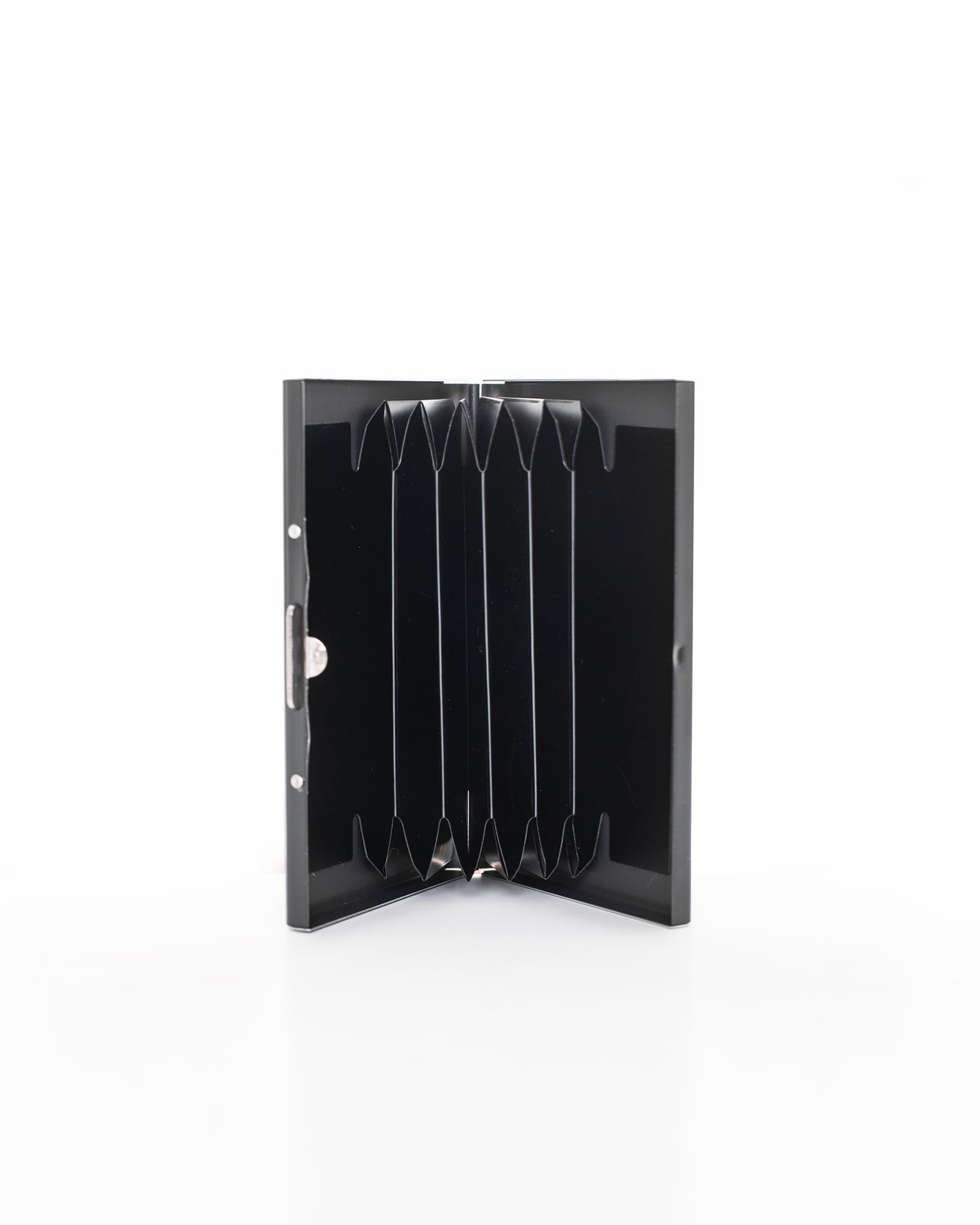 Nabo black metal card holder with multiple compartments open on white background