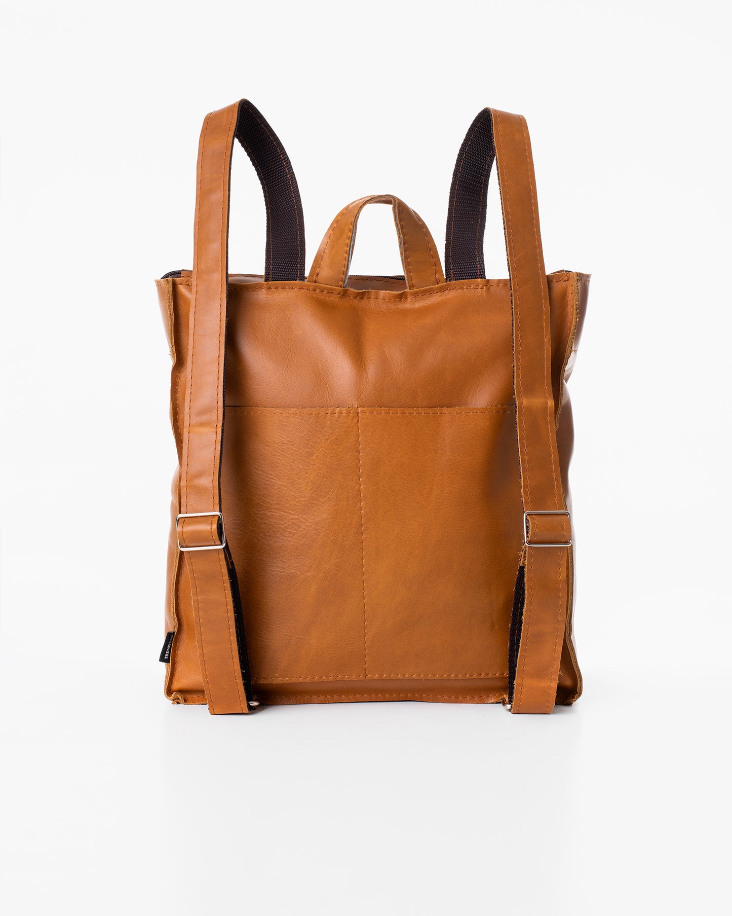 Caramel leather backpack with adjustable straps and top handle from Trendbag shown from back