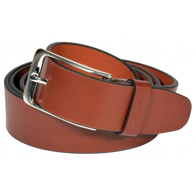 Papillon men's leather belt in brown with silver metal buckle and smooth finish