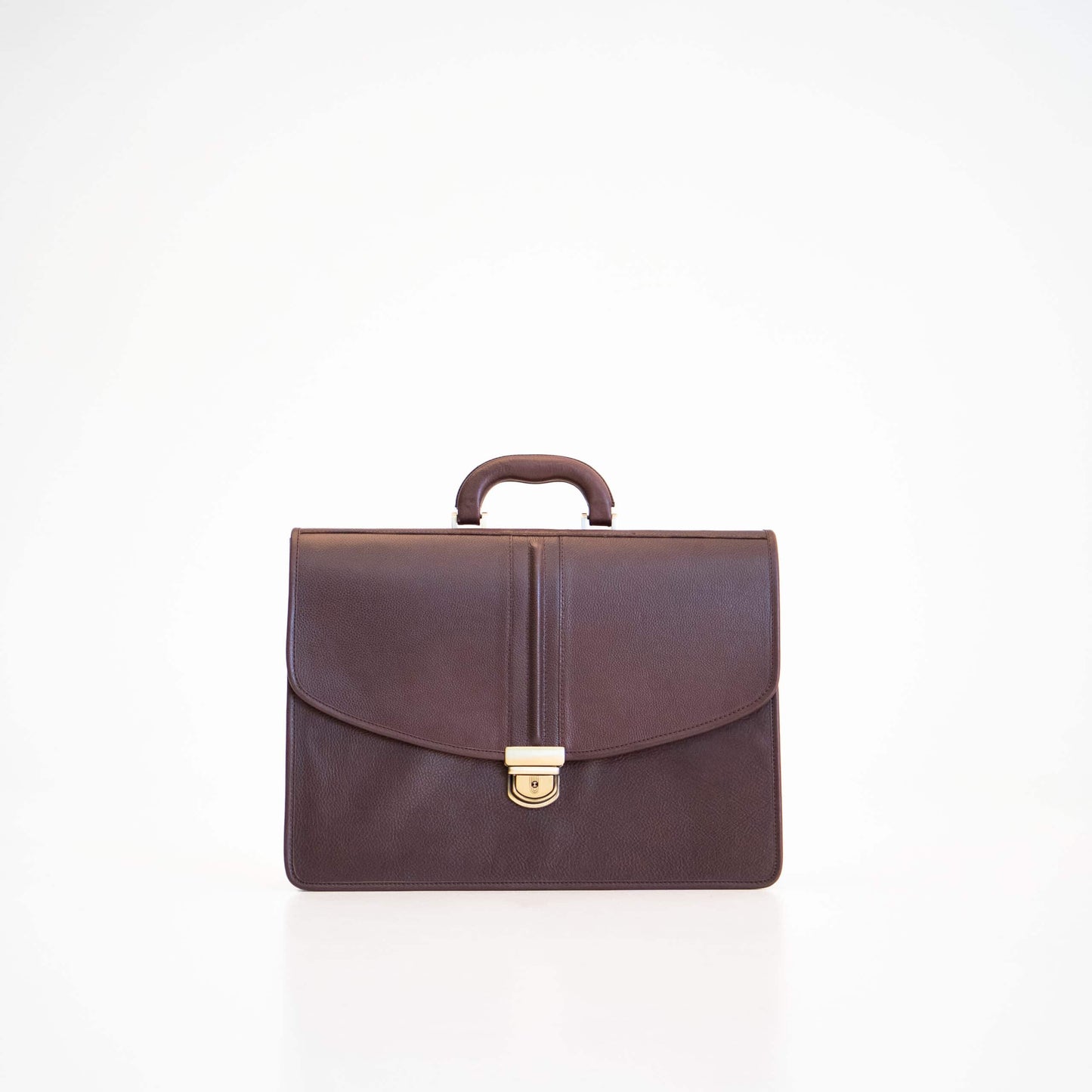 Papillon dark brown leather briefcase with top handle and gold-tone lock closure