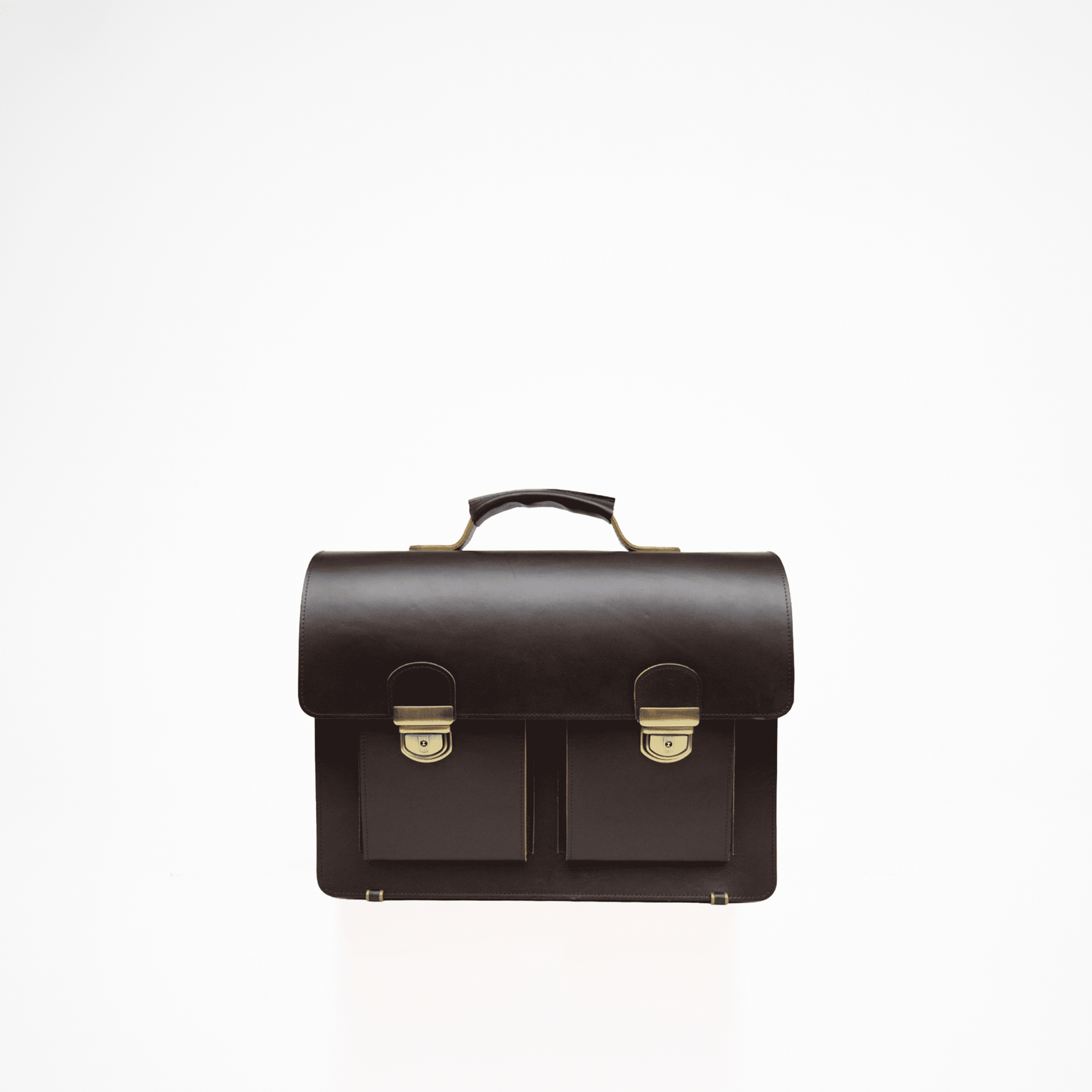 Papillon dark brown leather briefcase with front pockets and metal clasps on white background