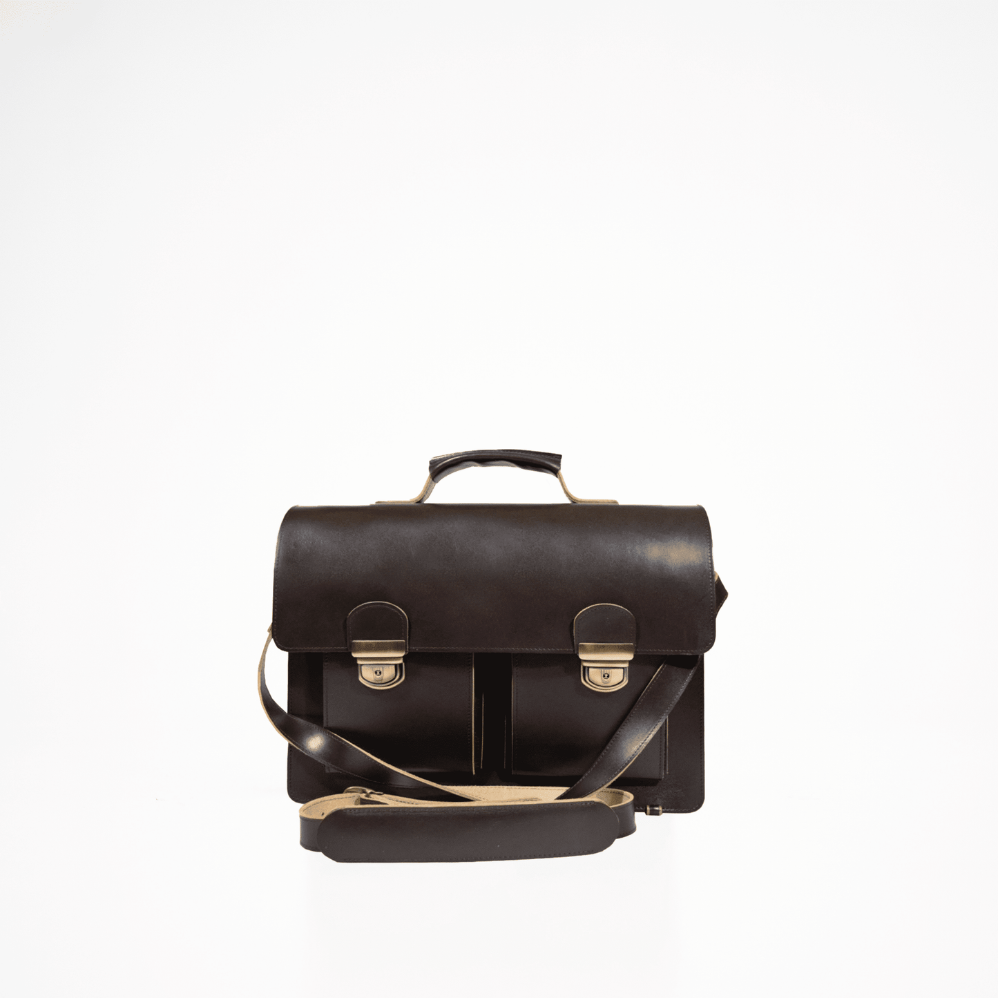 Papillon dark brown leather briefcase with dual buckle closures and adjustable shoulder strap