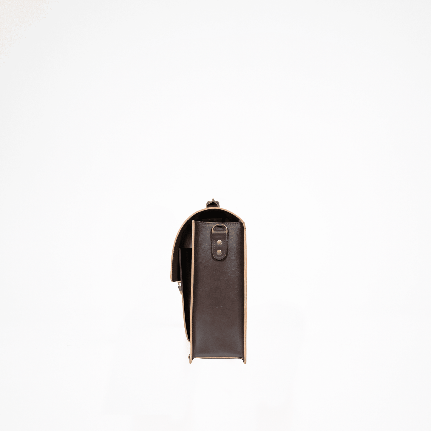 Side view of Papillon dark brown leather briefcase with buckle closure and slim profile