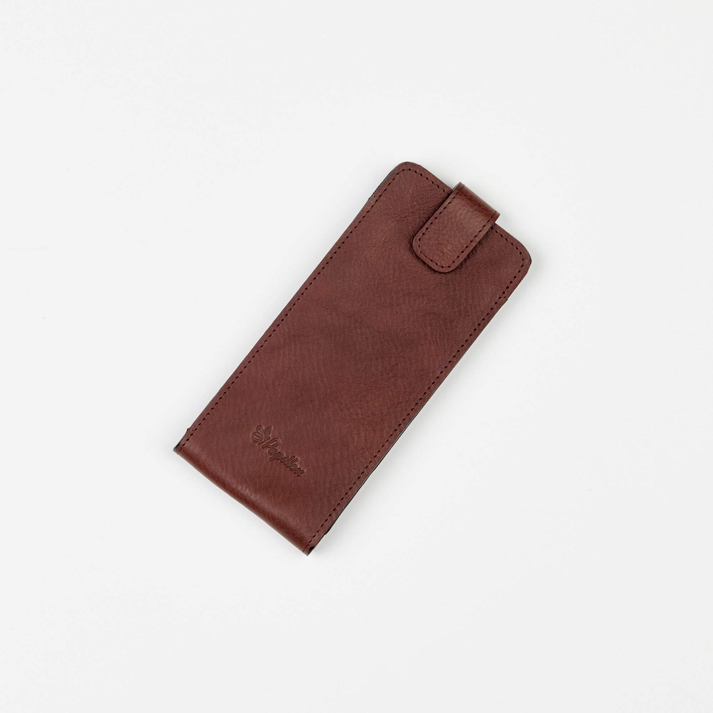 Brown Estonian handmade glasses pouch by Papillon with a secure flap closure