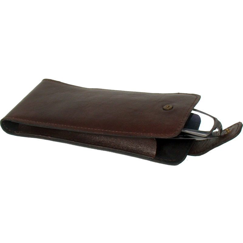 Papillon Estonian handmade glasses pouch in brown leather with button closure and glasses inside