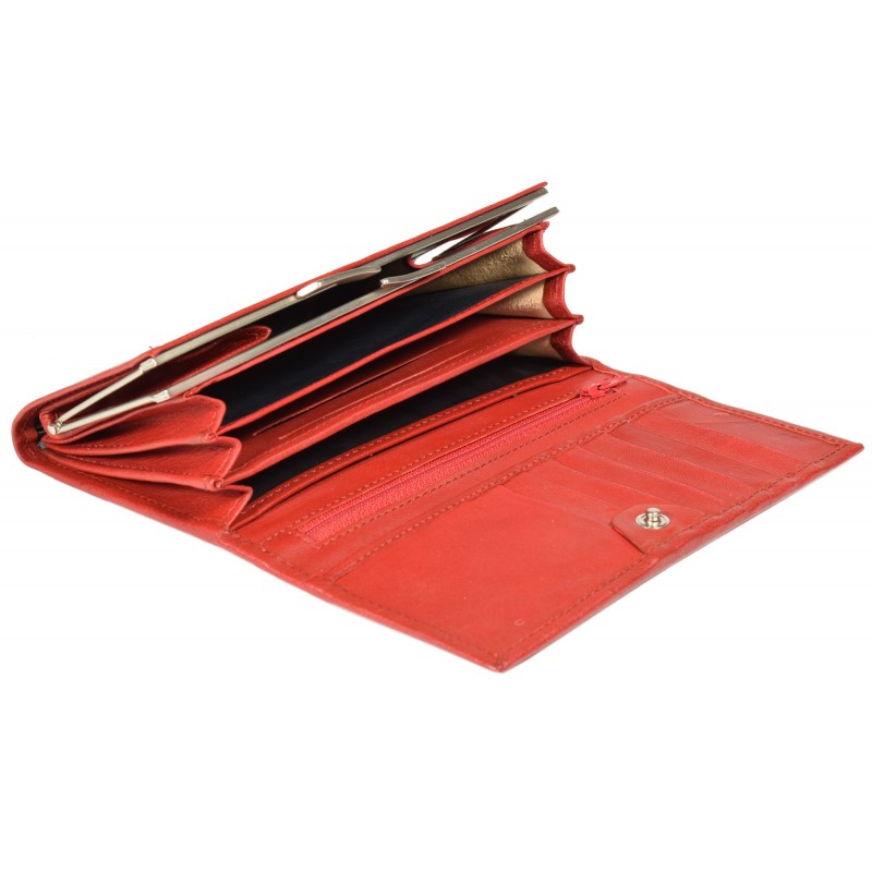Red Papillon Estonian leather wallet open showing multiple card slots and compartments
