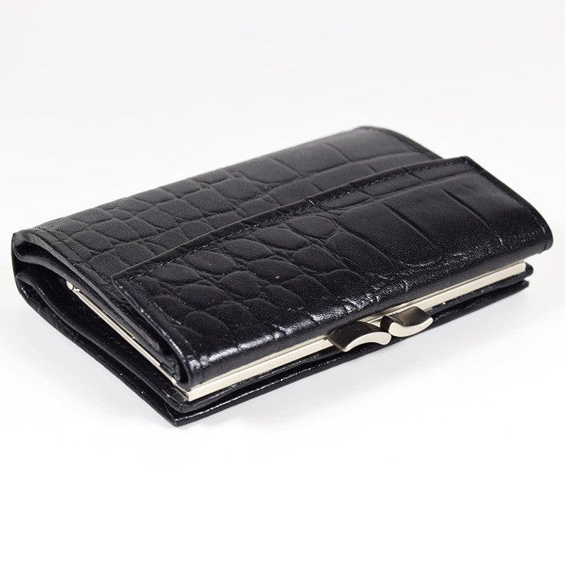 Papillon black genuine leather ladies wallet with textured crocodile pattern and metal clasp