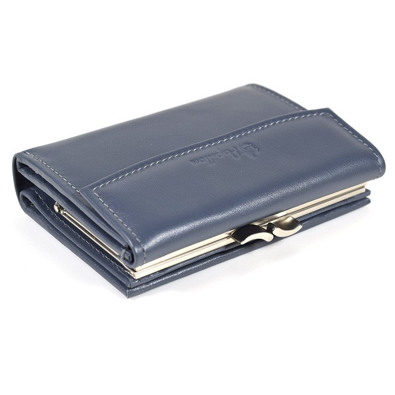 Papillon genuine leather ladies wallet in navy blue with metal clasp and stitched detailing