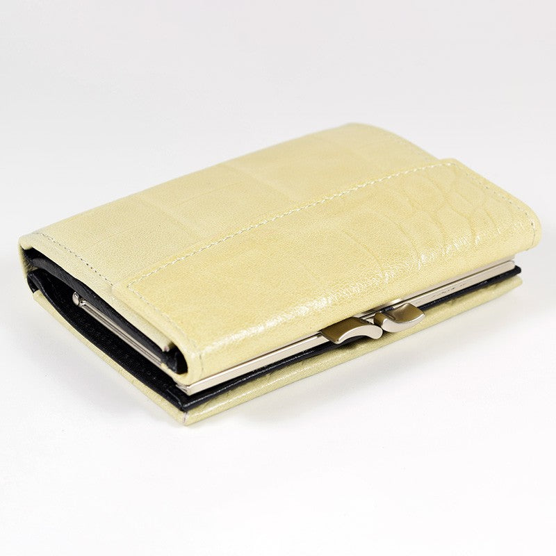 Papillon genuine leather ladies wallet in cream color with clasp closure and textured finish