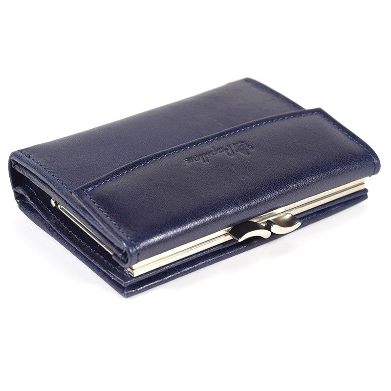 Papillon genuine leather ladies wallet in dark blue with metal clasp and embossed logo