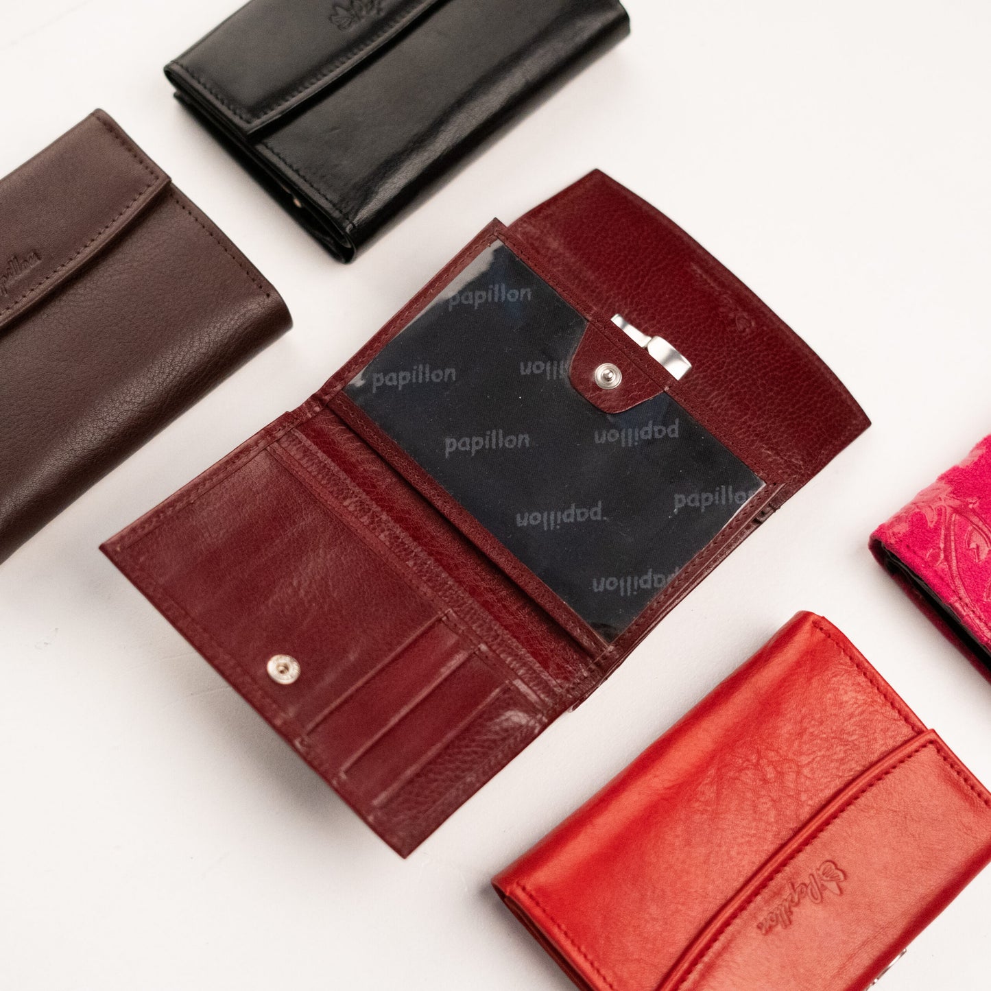 Papillon genuine leather ladies wallet in burgundy with card slots and snap closure