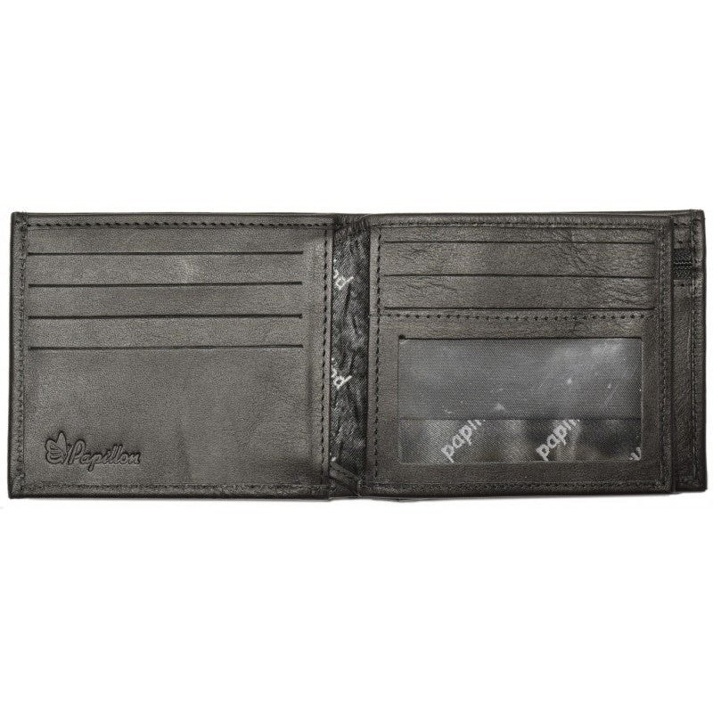 Papillon genuine leather men's wallet in black with multiple card slots and ID window