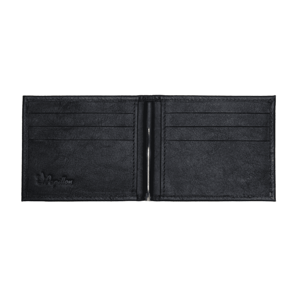 Papillon black leather wallet with money clip featuring multiple card slots and sleek design