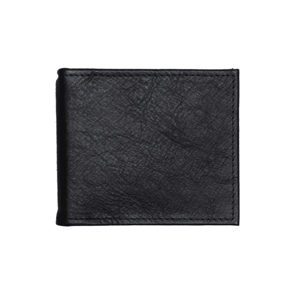 Papillon black leather wallet with money clip featuring a textured finish and compact design