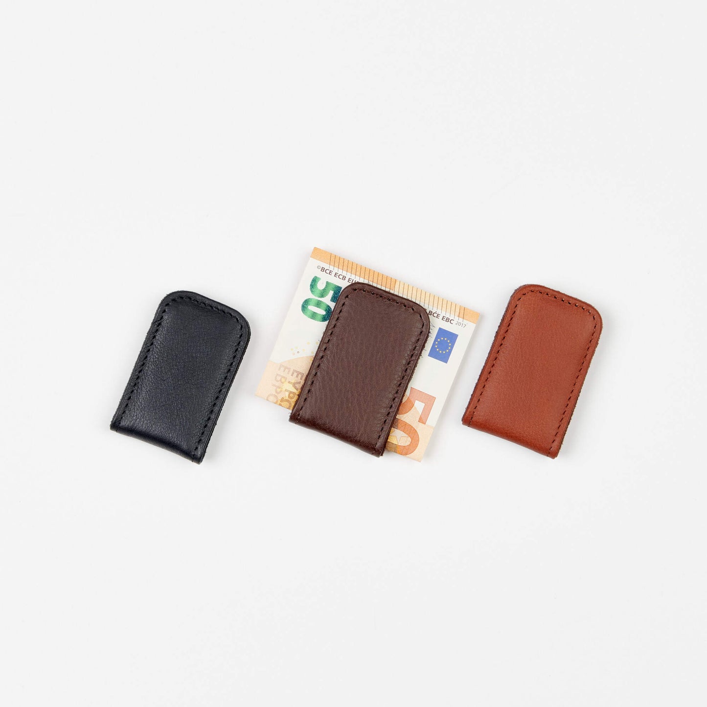 Papillon magnetic money clip set in black brown and tan leather holding folded bills