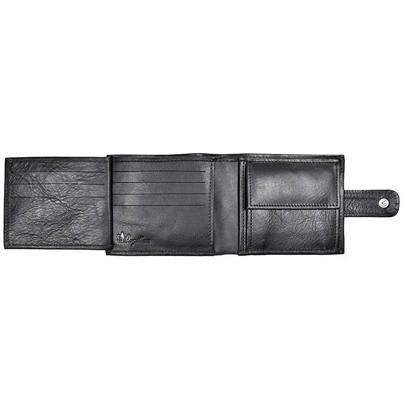 Papillon black men's leather wallet with multiple card slots and snap closure pocket