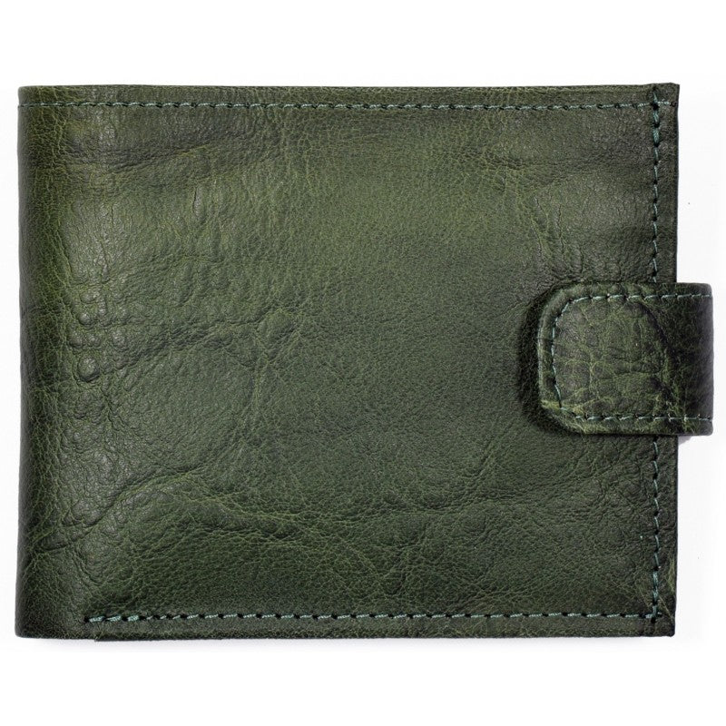 Papillon men's leather wallet in dark green with a snap closure and stitched edges