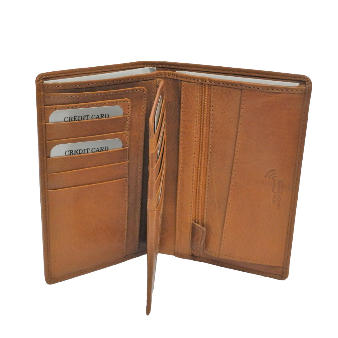 Nabo men’s long leather wallet in brown with multiple card slots and a spacious interior