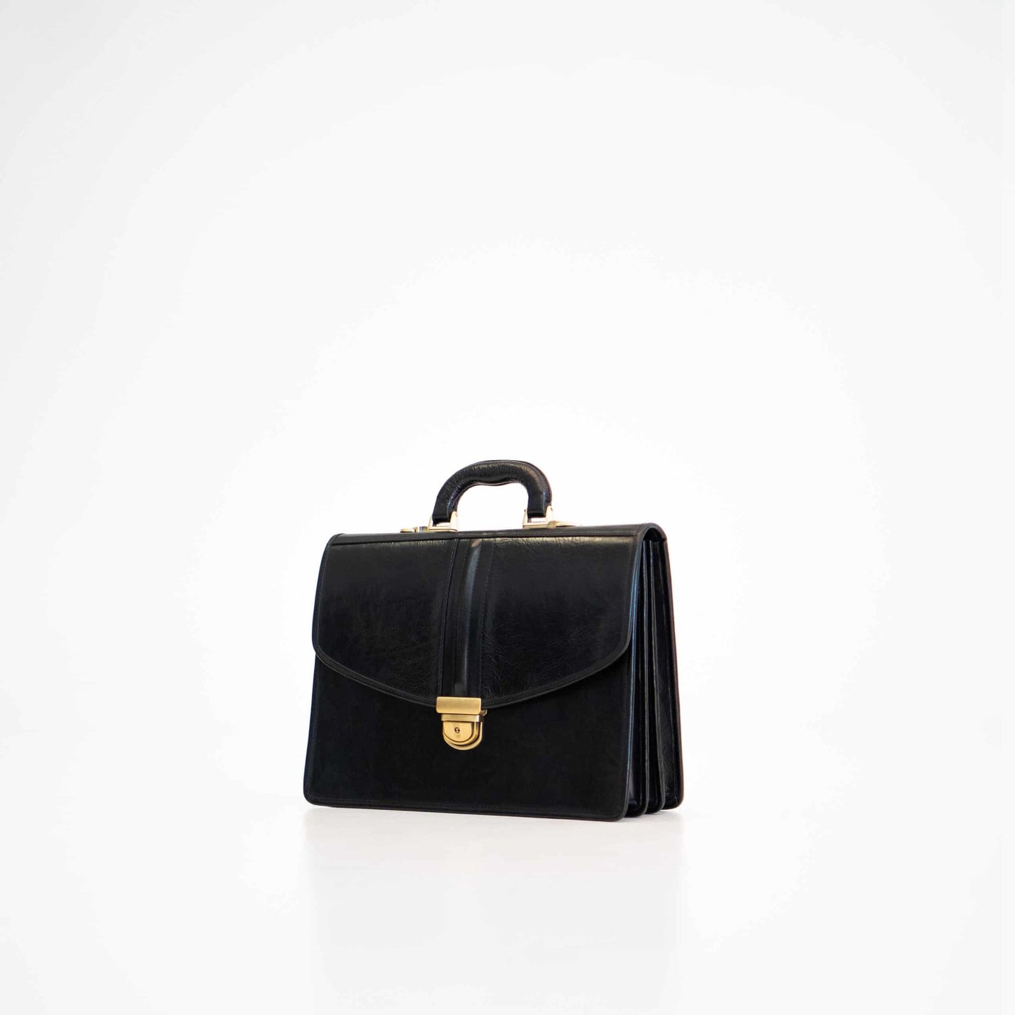Papillon black leather stylish office briefcase bag with gold clasp and top handle