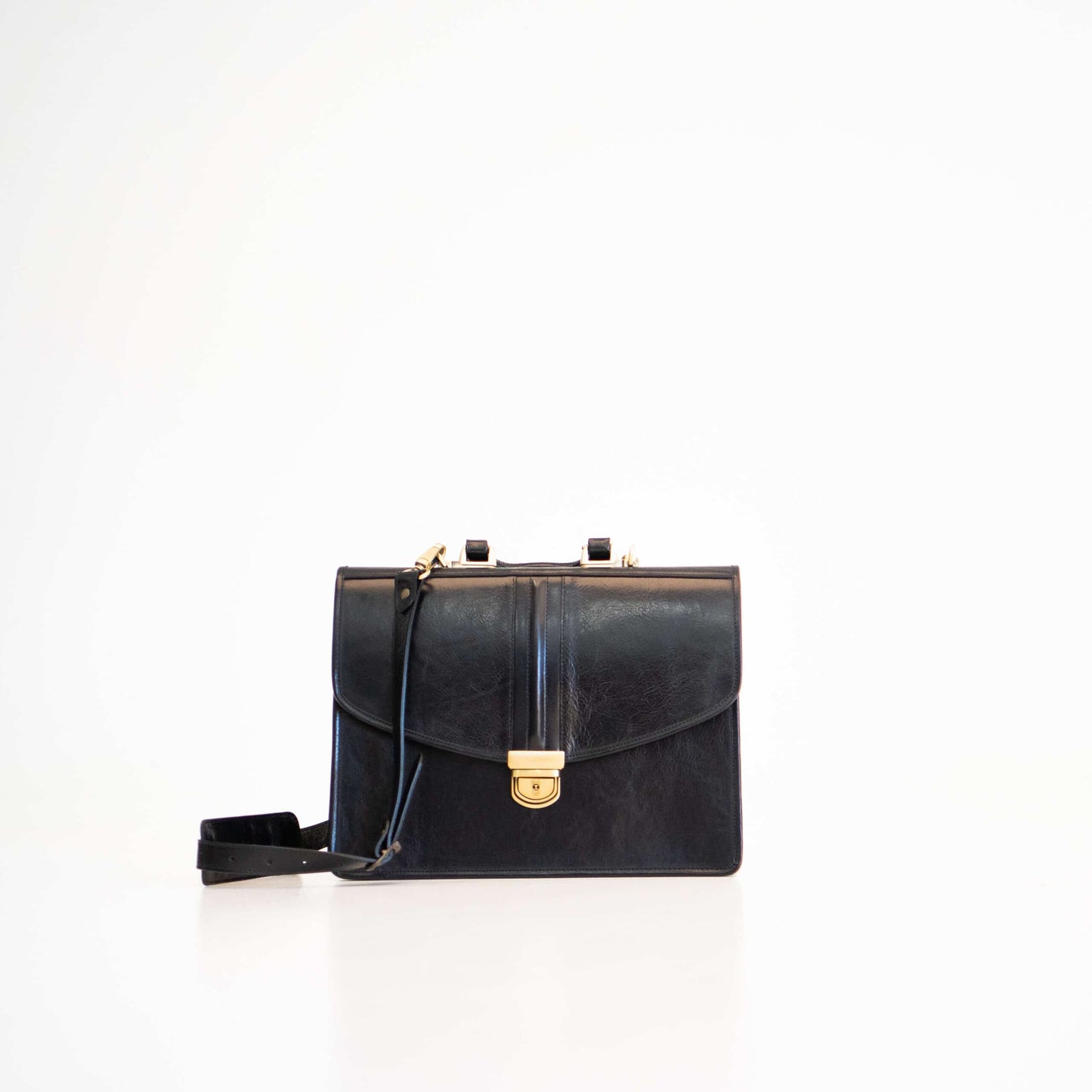 Papillon black leather stylish office briefcase bag with gold clasp and adjustable strap