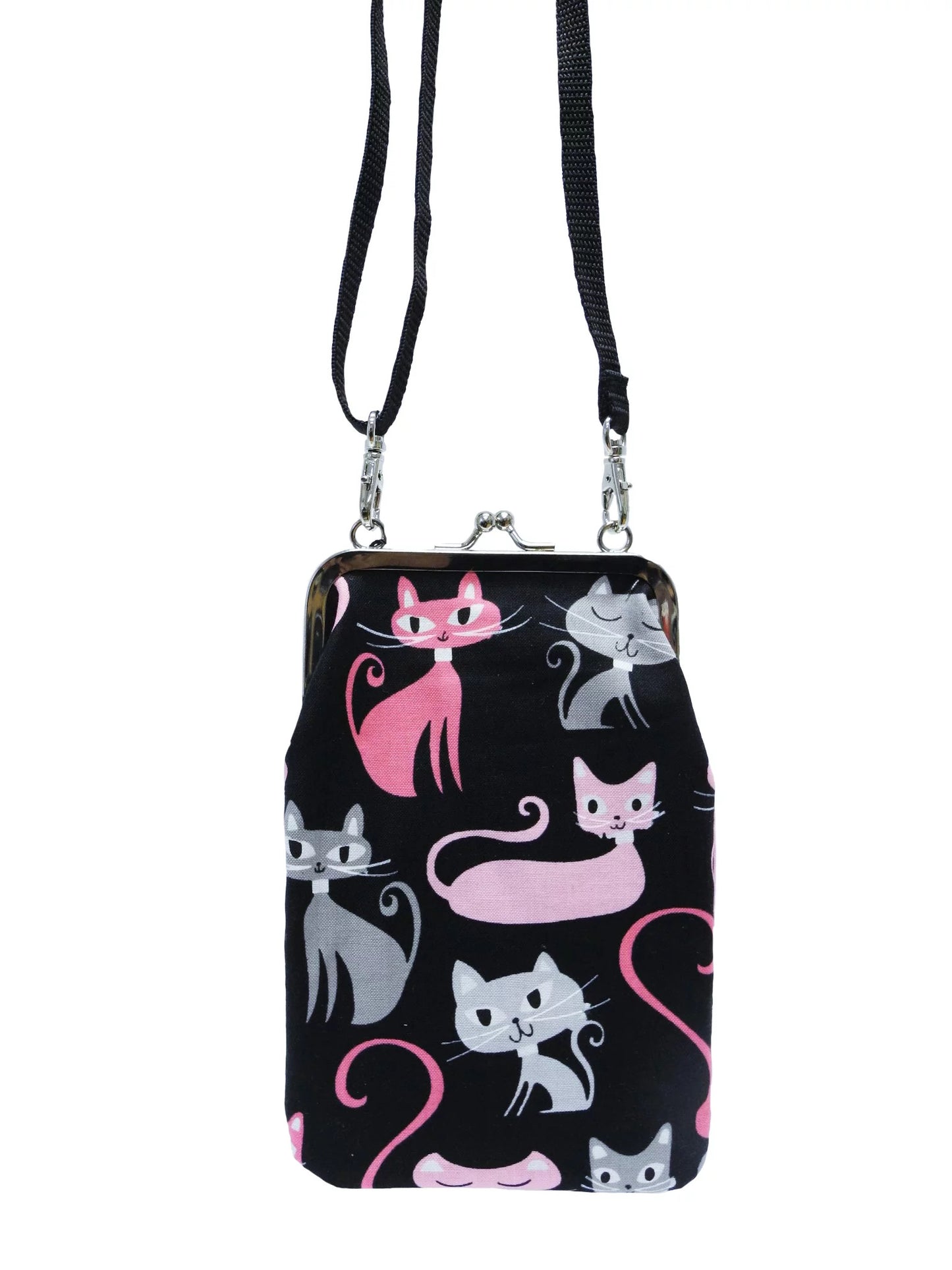 Nabo retro clasp phone pouch with black fabric and cute pink and gray cat print design