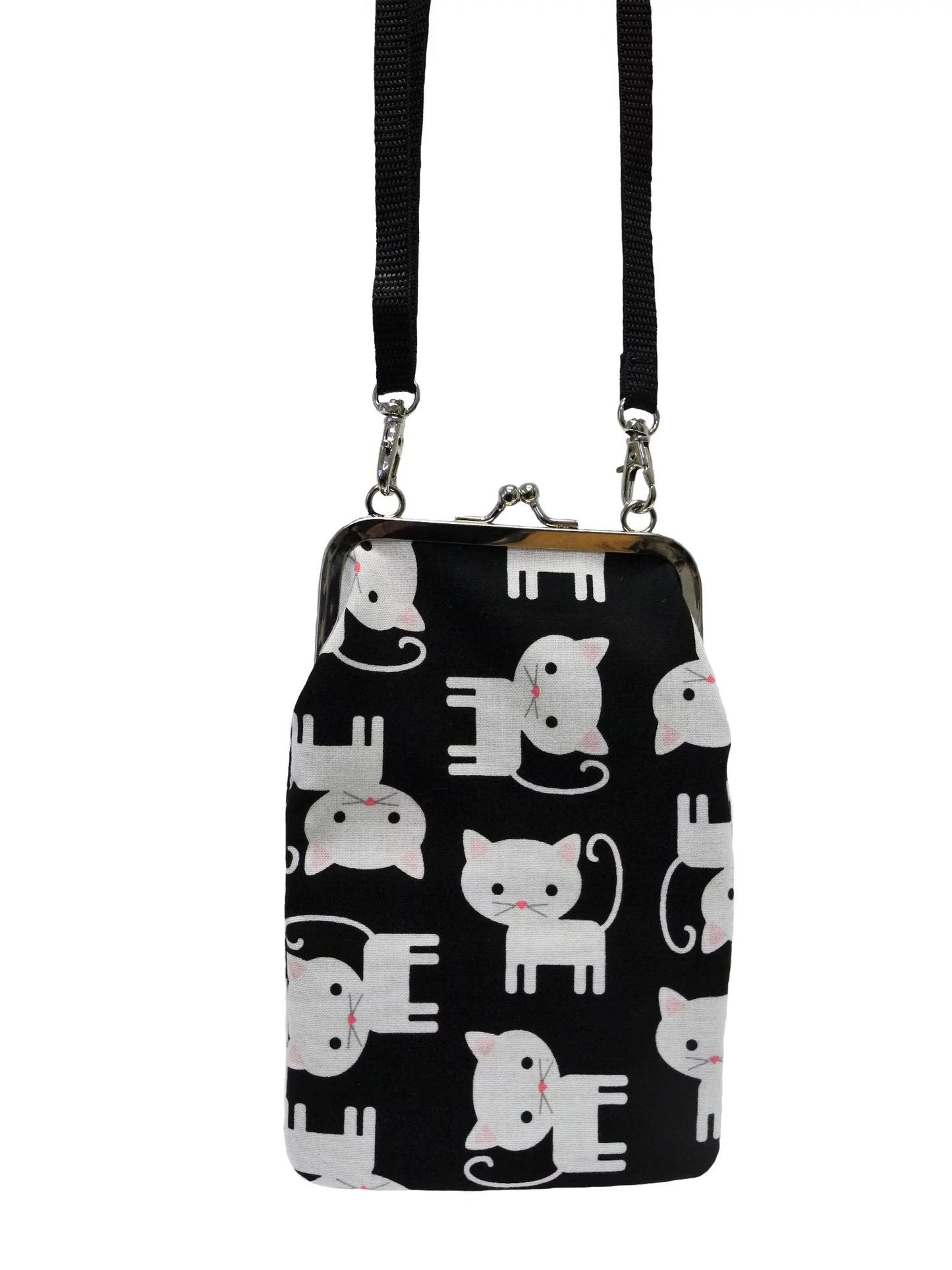Nabo retro clasp phone pouch with black fabric and white cat pattern on a strap