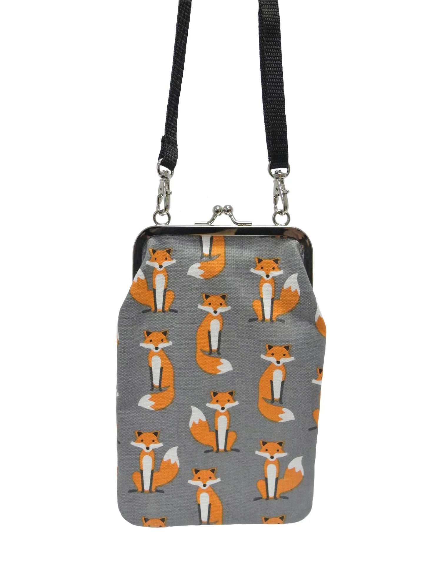 Nabo retro clasp phone pouch with gray fabric and orange fox pattern with black strap