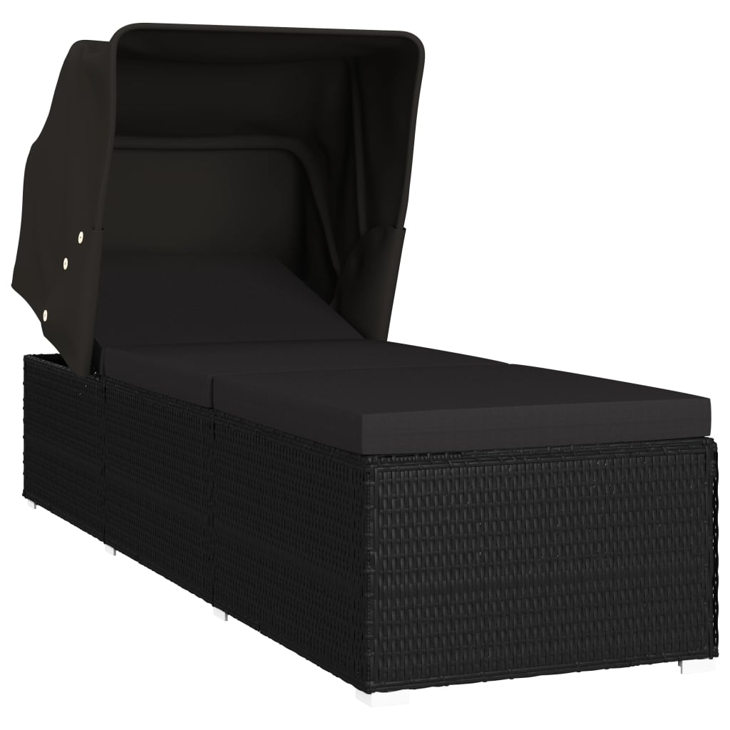 NNEVL Sun Lounger with Canopy and Cushion Poly Rattan Black-1