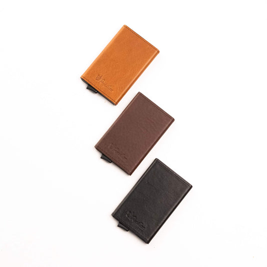 Papillon aluminum leather card holder in tan brown and black colors with sleek minimalist design
