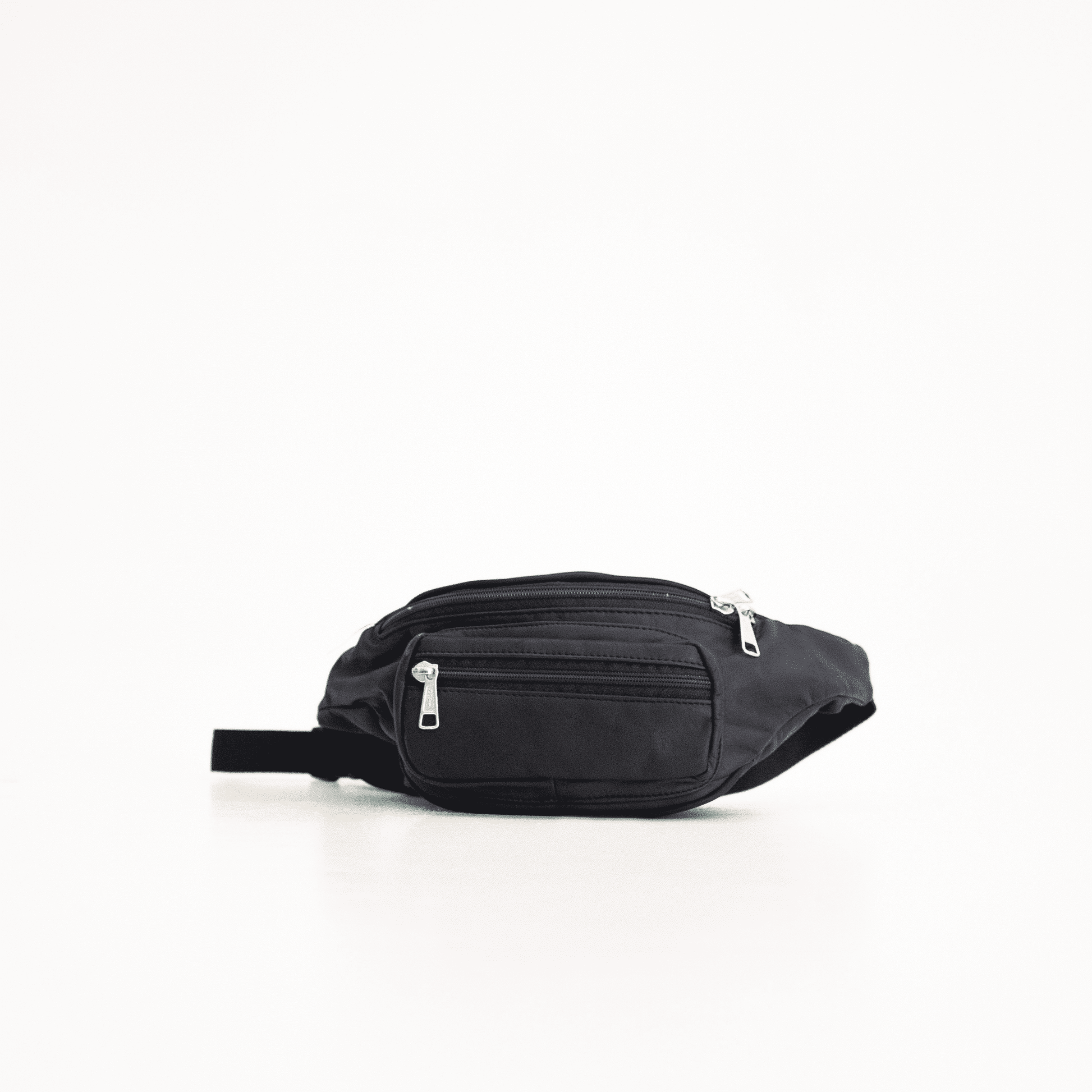 Papillon black leather bum bag with multiple zipper pockets and adjustable strap