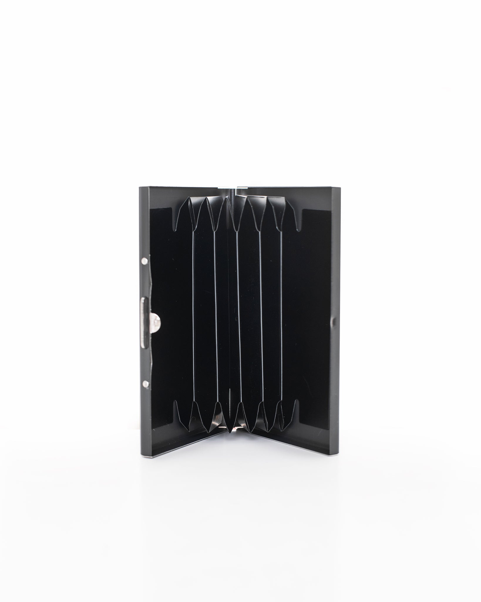 Nabo black metal card holder with multiple compartments open on white background
