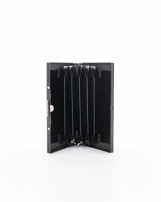 Nabo black metal card holder with multiple compartments open on white background