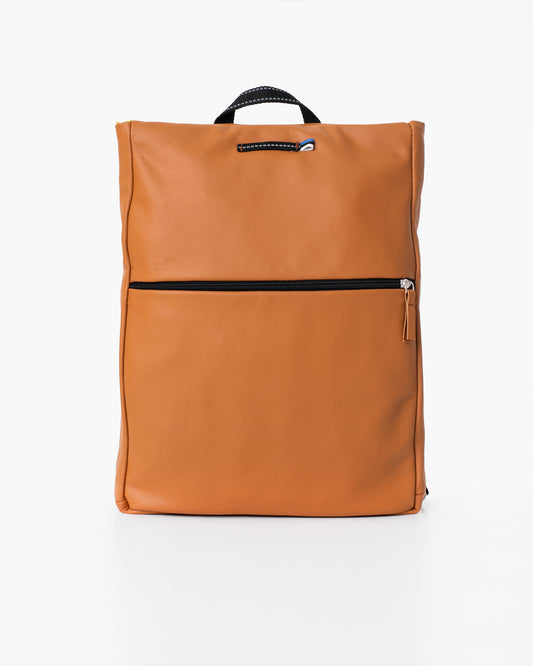 Trendbag calvados brown leather backpack with front zipper pocket and top handle