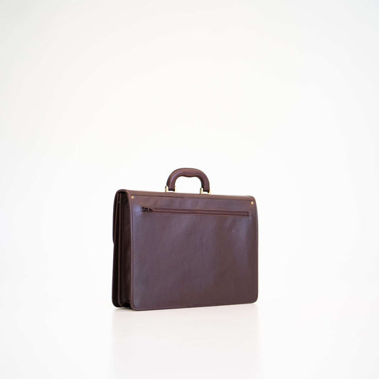 Papillon dark brown leather briefcase with top handle and external zippered pocket on white background
