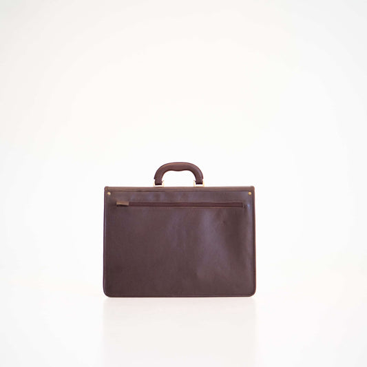 Papillon dark brown leather briefcase with top handle and zippered back pocket for professional use