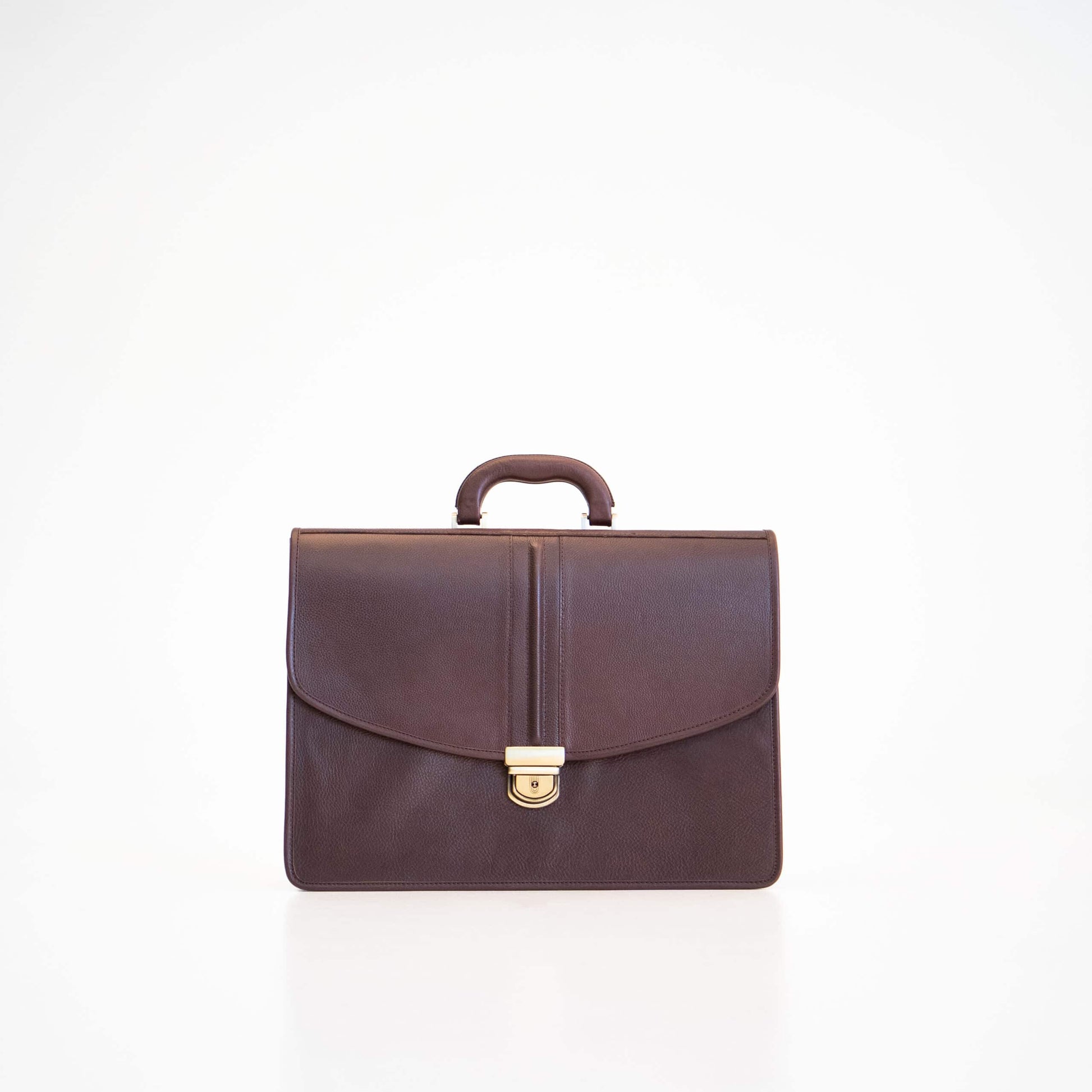 Papillon dark brown leather briefcase with top handle and gold-tone lock closure