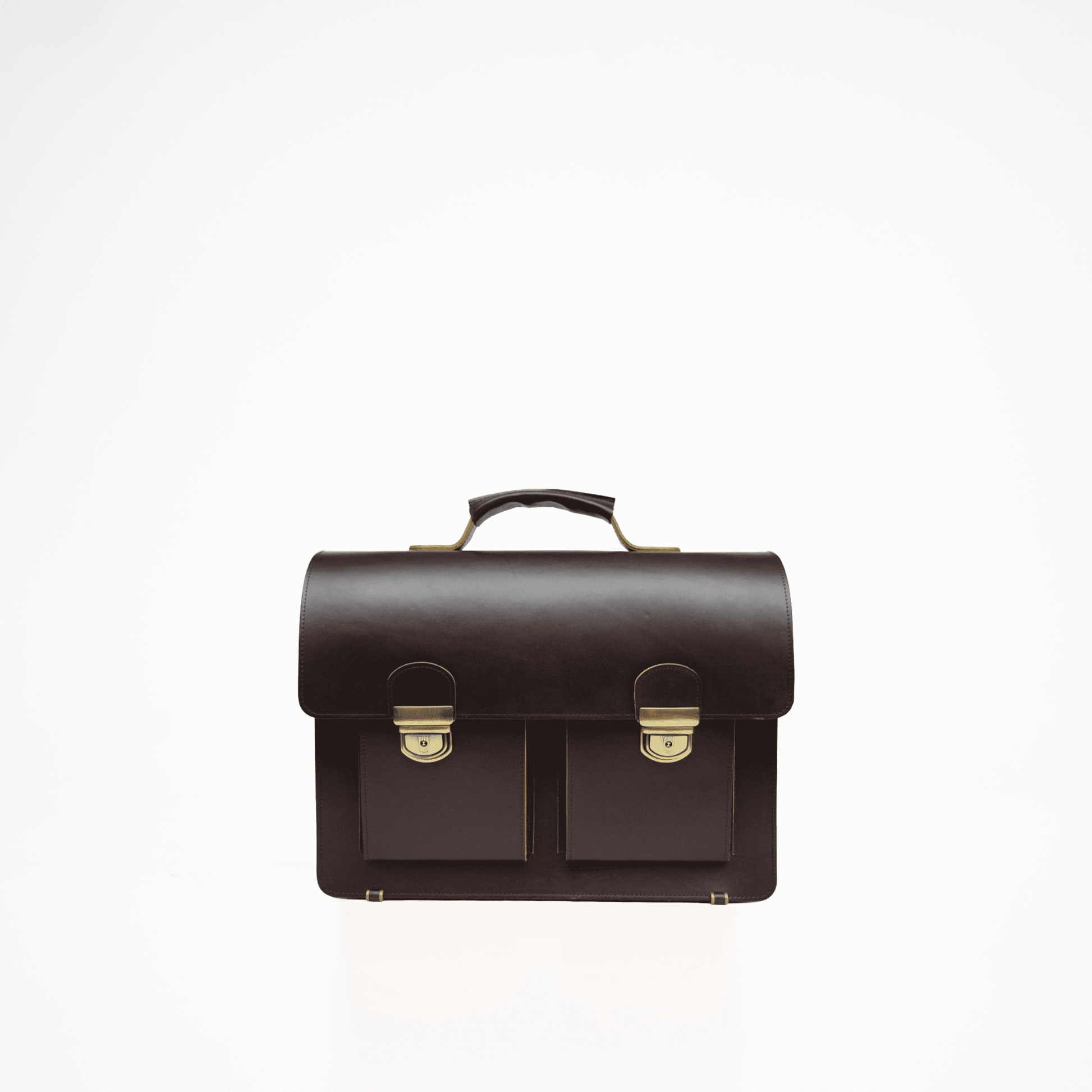 Papillon dark brown leather briefcase with front pockets and metal clasps on white background