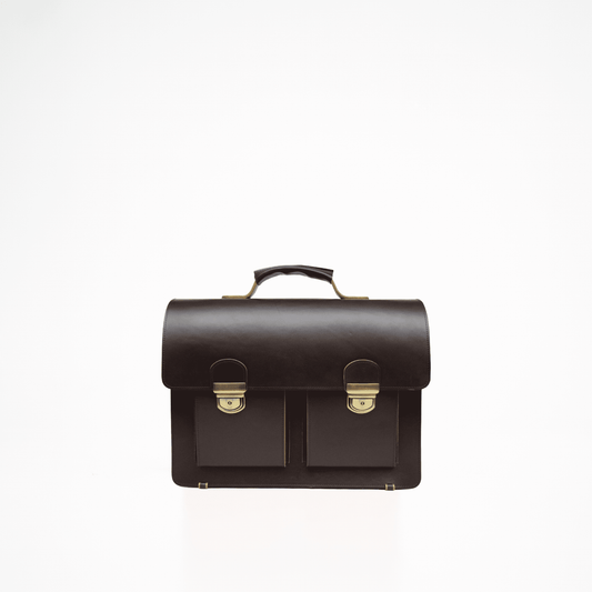 Papillon dark brown leather briefcase with front pockets and metal clasps on white background