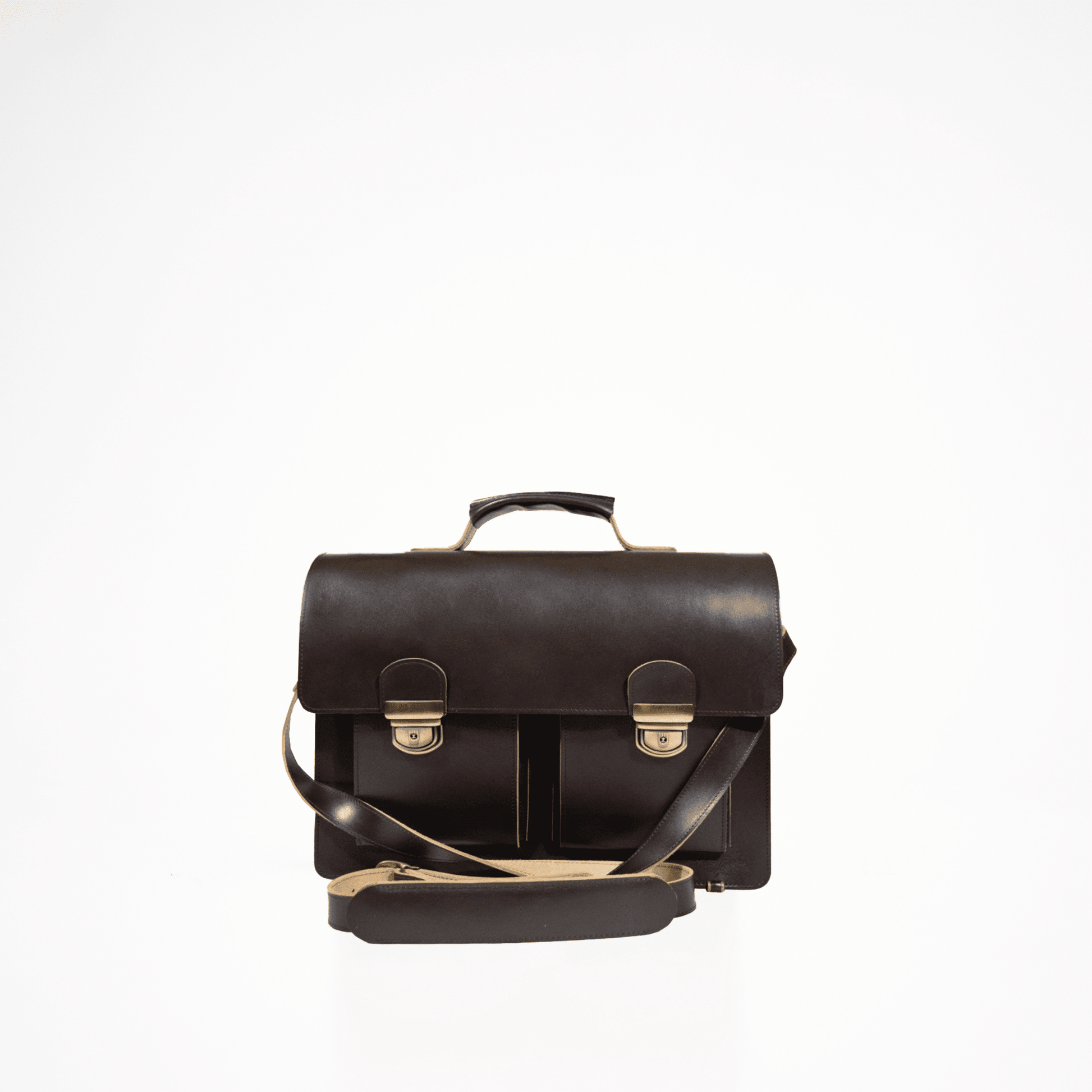 Papillon dark brown leather briefcase with dual buckle closures and adjustable shoulder strap
