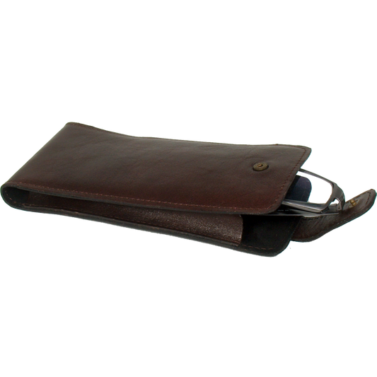 Papillon Estonian handmade glasses pouch in brown leather with button closure and glasses inside