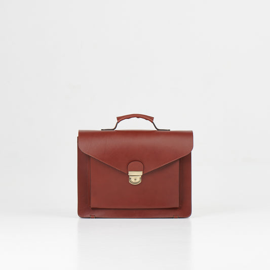 Papillon luxury leather work bag in brown with top handle and front clasp closure