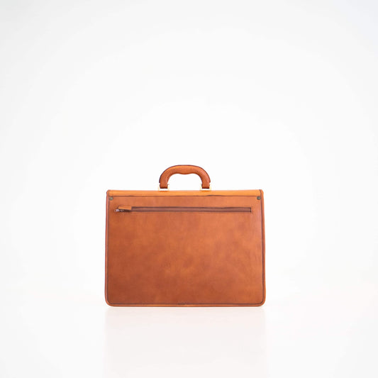Papillon luxury office briefcase in brown leather with top handle and front zipper pocket