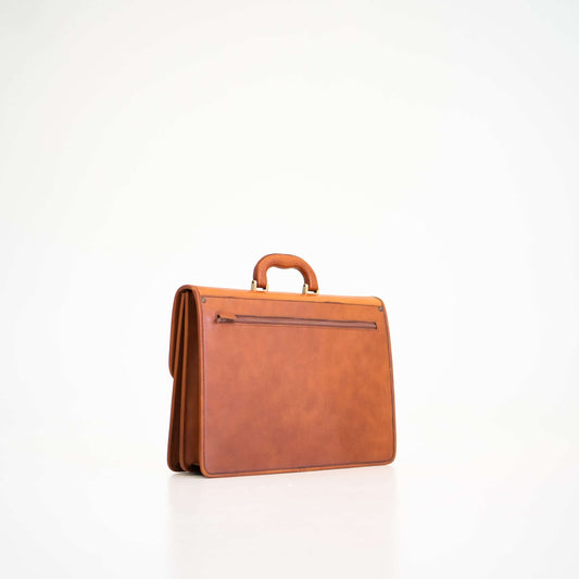 Papillon brown leather luxury office briefcase with handle and zippered back pocket