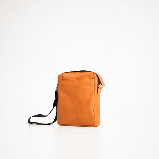 Papillon tan leather mens crossbody office bag with black adjustable strap and front pocket