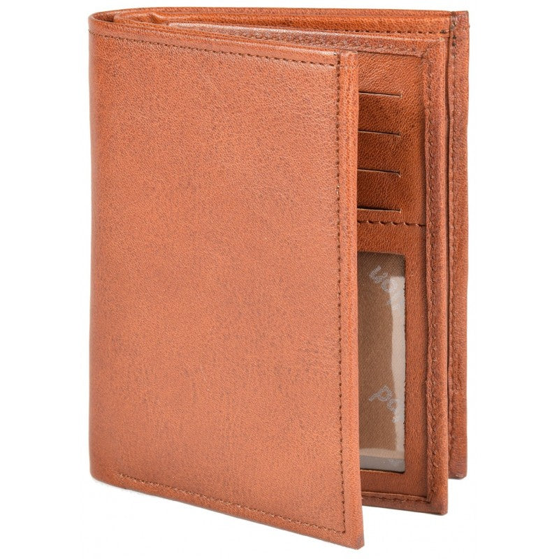 Slim brown leather wallet for men by Papillon with multiple card slots and ID window
