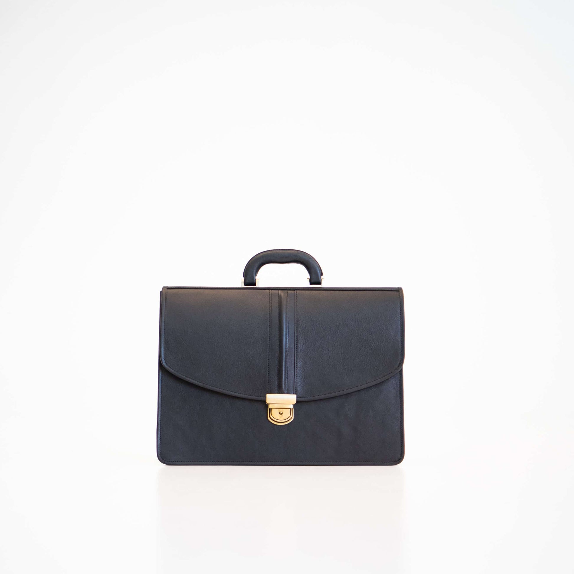 Papillon professional leather laptop briefcase in black with top handle and gold clasp