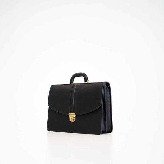 Papillon black professional leather laptop briefcase with gold-tone lock and top handle